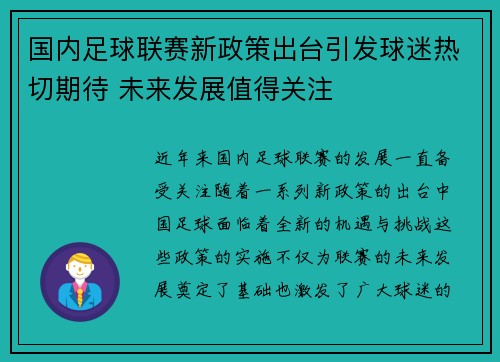 国内足球联赛新政策出台引发球迷热切期待 未来发展值得关注