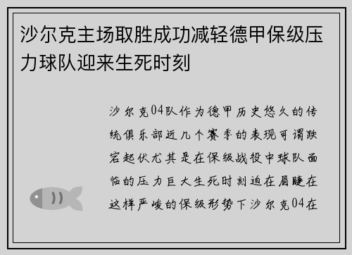 沙尔克主场取胜成功减轻德甲保级压力球队迎来生死时刻