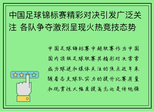 中国足球锦标赛精彩对决引发广泛关注 各队争夺激烈呈现火热竞技态势