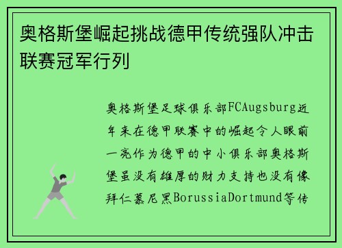 奥格斯堡崛起挑战德甲传统强队冲击联赛冠军行列