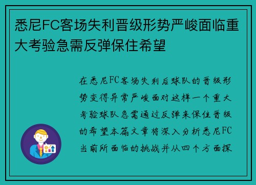 悉尼FC客场失利晋级形势严峻面临重大考验急需反弹保住希望