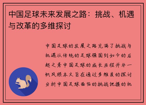 中国足球未来发展之路：挑战、机遇与改革的多维探讨