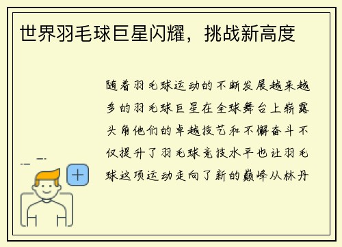 世界羽毛球巨星闪耀,挑战新高度